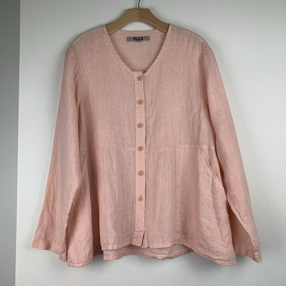 Flax‎ Orange Linen Button Up Blouse  Pockets Lagenlook Womens Small Tie Waist